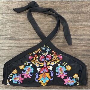 Hobie black colorful floral Print Halter Tie Bikini Top small padded GUC